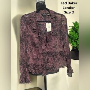 Ted Baker London, Size 0, Coryiah print, sheer ruffle blouse. F15
